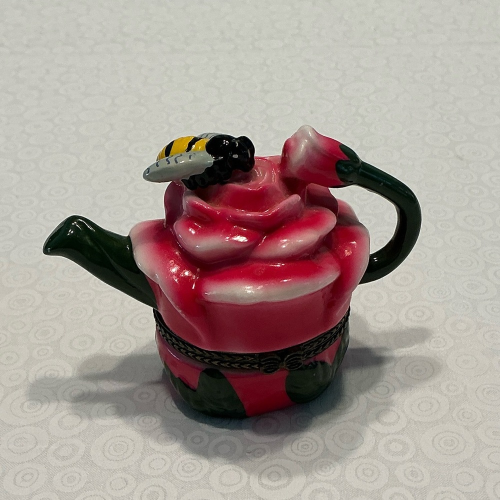 Pink Rose Teapot with Bee Accent Hinged Trinket Box - Picture 2 of 11